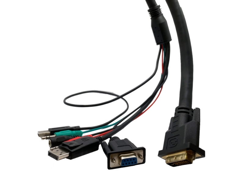 DVI ケーブル (DVI 24+5 ピンオス – DisplayPort オス + DB 9 メス + DC5525 ジャック + 2x 3.5mm 3 ピンプラグ + USB A オス)