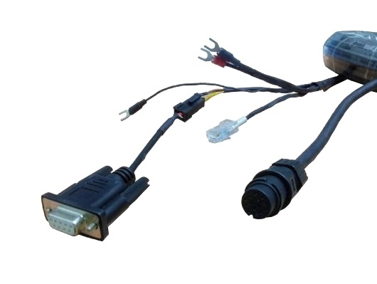丸型防水コネクタケーブル (18 ピンオス – 3x圧着端子+RJ45+DB 9 メス)